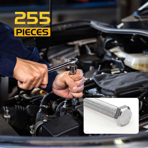 Mechanic using wrench with Homwin 255Pcs Stainless Steel Bolts and Nuts Kit, 1/4-20, 5/16-18, 3/8-16 Hex Bolt Set tool in foreground