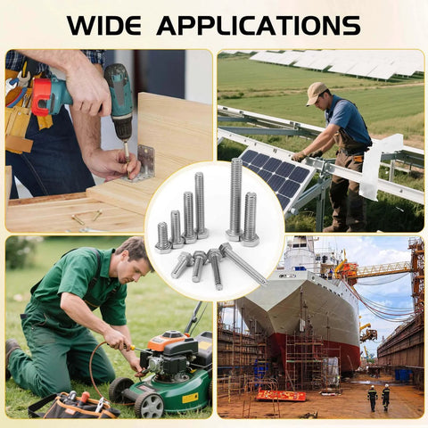 Applications of ✝️ Homwin 255Pcs Stainless Steel Bolts and Nuts Kit in construction, solar panel installation, machinery, and shipbuilding
