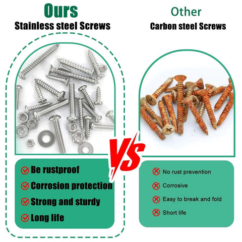 Comparison between stainless steel screws from Twidec/2002PCS 304 Stainless Steel Hardware Assortment Kit and rusted carbon steel screws.