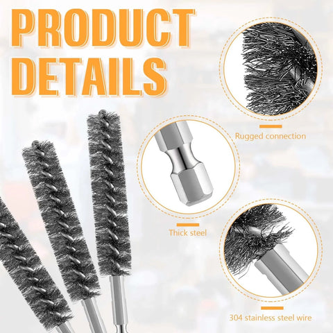 Close-up of Bore Brush Bristles Wire Brush for Power Drill Cleaning Wire with Hex Shank Handle for Power Drill Cleaning(5 Pieces,Stainless Steel)