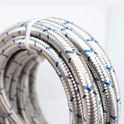 Close-up of Three Eighth Inch Stainless Steel Braided Fuel Line Hose E85 Compatible Kit with 30 Feet Length, highlighting braided detail.