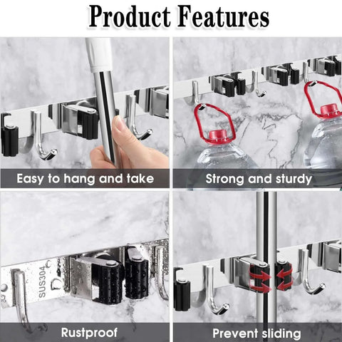 Collage of Wall Mount Broom And Mop Holder With Five Racks And Four Hooks Stainless Steel Heavy Duty Organizer Self Adhesive