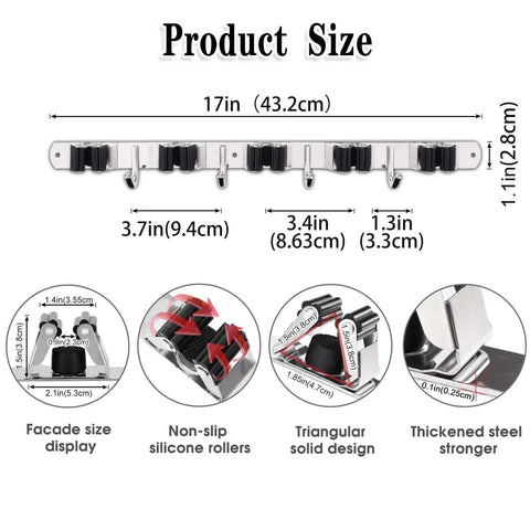 Dimensions and features of Wall Mount Broom And Mop Holder With Five Racks And Four Hooks Stainless Steel Heavy Duty Organizer Self Adhesive