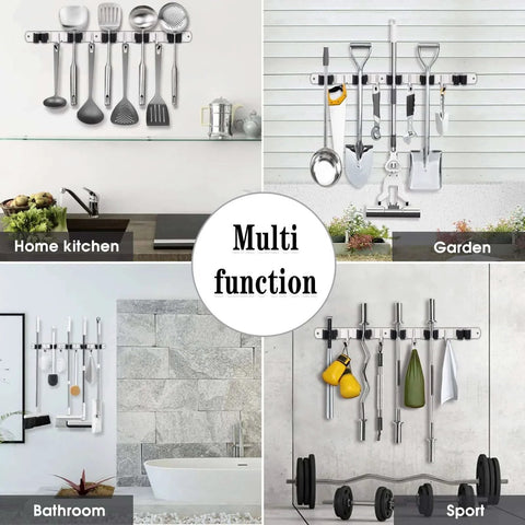 Wall Mount Broom And Mop Holder With Five Racks And Four Hooks Stainless Steel Heavy Duty Organizer in various home settings