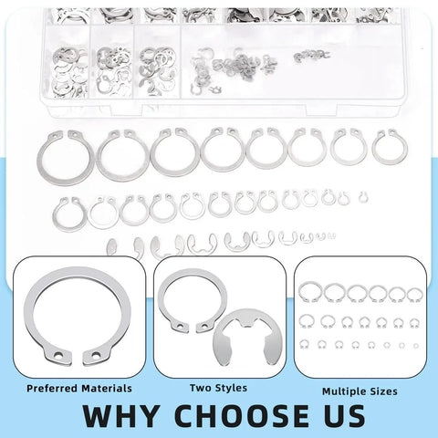 Over 300 Piece Stainless Steel C Clip And E Clip Retaining Ring Set By Glarks with organized box display and focused parts