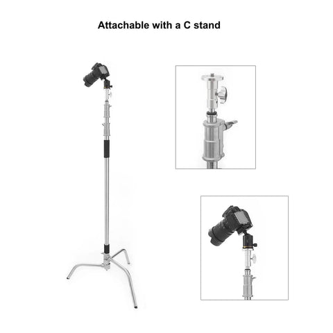 5/8 Inch Baby Ball Head Adapter To 3/8 Inch Thread For C Stand And Light Stand Mounts shown installed on C-stand with camera