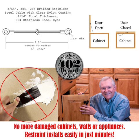 Stainless Steel Cabinet Door Restraint Kit. Made in USA. Flexible Braided Cable. Diagram and installation example