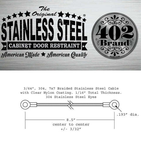 Stainless Steel Cabinet Door Restraint Kit Made in USA with specifications and dimensions illustration