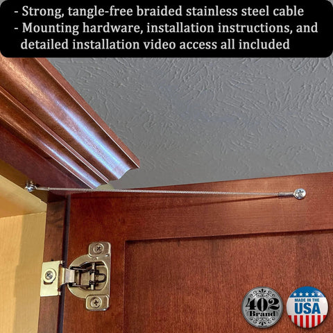 Stainless Steel Cabinet Door Restraint Kit. Made in USA. Flexible Braided Cable. Restrict Cabinet Door Swing in wooden cupboard.