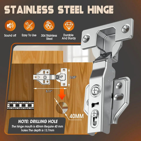 Stainless steel cabinet hinge with dimensions and drilling instructions, showing 40mm hinge mouth and installation details.