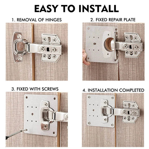 Installation guide for 8 Pcs Stainless Steel Cabinet Hinge Repair Plate Kit with screws on wooden kitchen cabinet