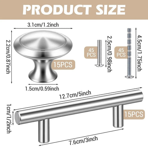 30 Piece Stainless Steel Cabinet Pulls And Knobs Set In Silver Matte Finish Includes 15 Cabinet Pulls And 15 Round Knobs With Installation Screws