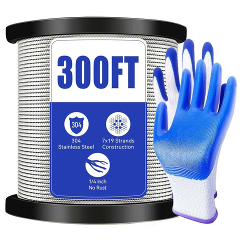 1/4" Stainless Steel Cable,7x19 Strand Aircraft Wire Rope,Cable for Heavy Duty Applications,300FT roll with gloves
