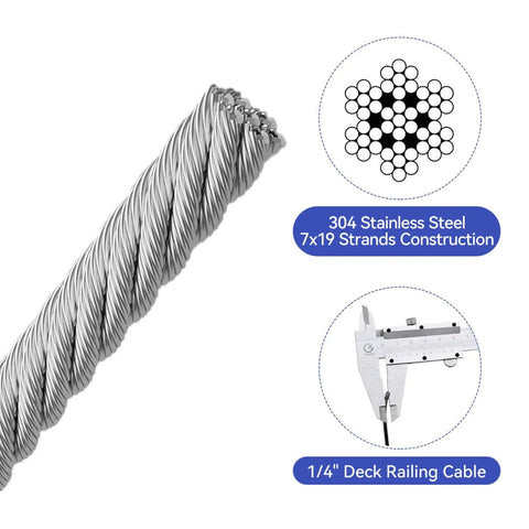 1/4" Stainless Steel Cable,7x19 Strand Aircraft Wire Rope,Cable for Heavy Duty Applications,Outdoor Pulley Cables,Deck Railing with Gloves,Breaking Strength 6400 Ibs,150FT