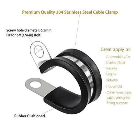 Close-up of Twenty Pack Half Inch Stainless Steel Cable Clamp With Rubber Cushioned Insulation For Anti Rust Waterproof Conduit Wire Holder Strap Clips