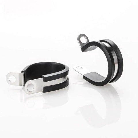 Close-up of two Twenty Pack Half Inch Stainless Steel Cable Clamp With Rubber Cushioned Insulation For Anti Rust Waterproof Conduit Wire Holder Strap Clips