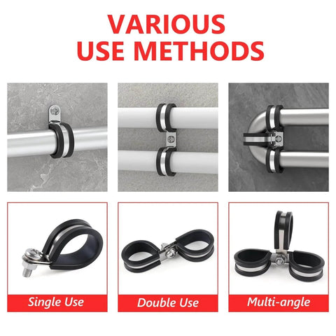 15 Pcs One And A Half Inch Stainless Steel Cable Clamps Kit With Rubber Cushioned Hose Clamps Insulated Tube Clips in single, double, and multi-angle use.