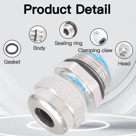 Diagram showing components of Two Pack NPT Three Quarter Inch Waterproof Stainless Steel Cable Glands For 13 To 18 Millimeter Cables.