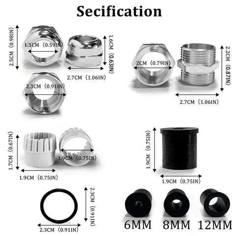 Stainless Steel Waterproof Cable Gland with IP68 Rating, Adjustable 6-12mm with 6mm 8mm 12mm connectors displayed in parts diagram