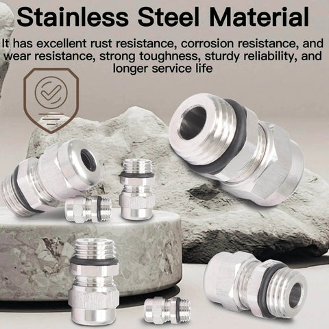 Two Pack NPT Three Quarter Inch Waterproof Stainless Steel Cable Glands For 13 To 18 Millimeter Cables on stone surface