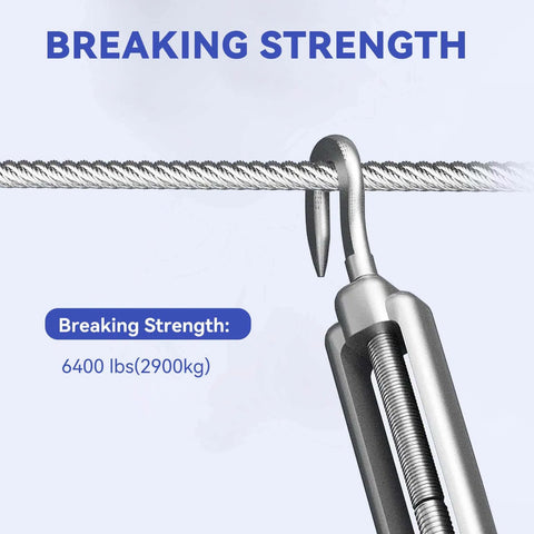 Close-up of 1/4" Stainless Steel Cable,7x19 Strand Aircraft Wire Rope,Cable for Heavy Duty Applications, showing 6400 lbs breaking strength.