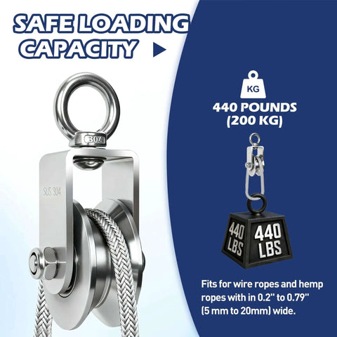 304 Stainless Steel Cable Pulley Wheel with Swivel Ball Bearings, U Groove 48mm, for gym and clothesline, safe loading capacity.