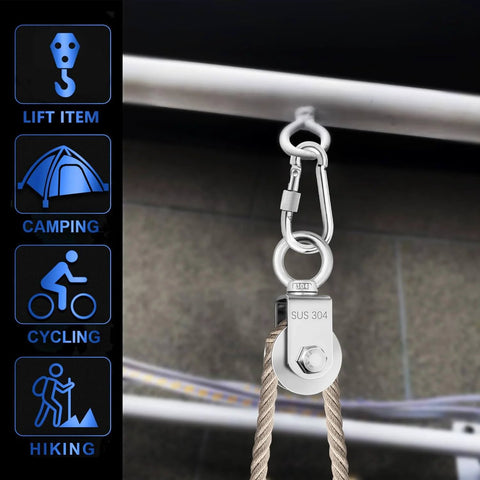 Cable Pulley Wheel Stainless Steel with Ball Bearing Carabiner, Stainless Steel Pully Block M48 attached to rope for lifting