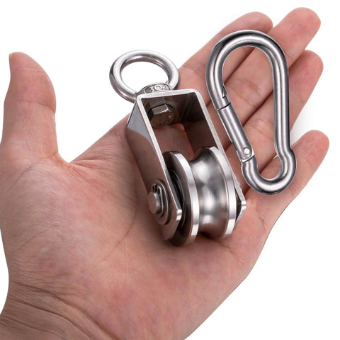 Hand holding Cable Pulley Block Heavy Duty Stainless Steel, Bearing Inside with 32ft Nylon Rope and 1 Hook,Swivel Single Pulley Wheel