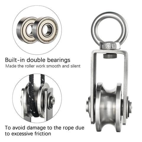 Detailed view of ✝️ Cable Pulley Wheel Stainless Steel, Bearing Inside, Rope Pulley for Pulley System, showing bearings and rope setup.