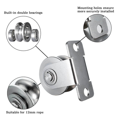 48mm Cable Pulley Wheel Wall Mount, Bearings Inside, Stainless Steel Rope Pulley for Pulley System, Sliding Gate 1Pcs shown with features
