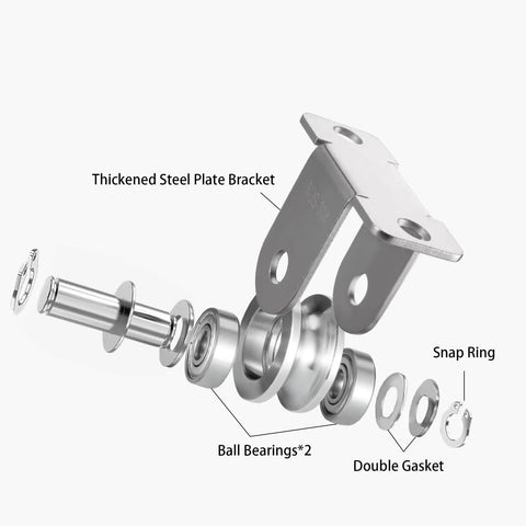 Exploded view of 48mm Cable Pulley Wheel Wall Mount, Bearings Inside, showing stainless steel components and design details.