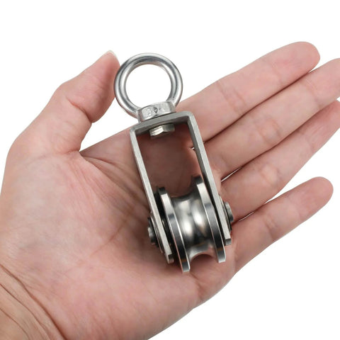 ✝️ Cable Pulley Wheel Stainless Steel, Bearing Inside, Rope Pulley for Pulley System, Gym Equipment, Clothesline, 2 Pack in hand close-up view