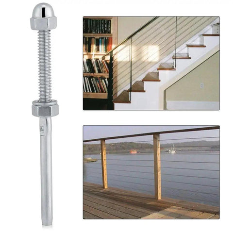 Stainless Steel Cable Tensioner Fitting With Threaded Stud For 1/8 Inch Railings, shown with indoor stair railing and outdoor deck applications.