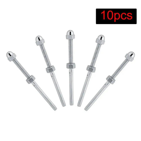 Set of 10 Stainless Steel Cable Tensioner Fitting With Threaded Stud For 1/8 Inch Railings displayed in a fan shape.