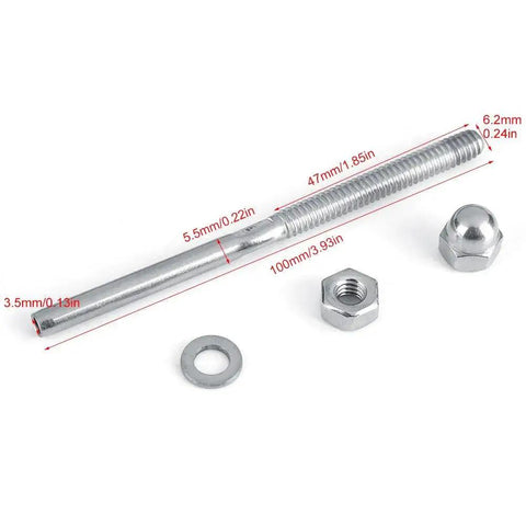 Stainless Steel Cable Tensioner Fitting With Threaded Stud For 1/8 Inch Railings kit with measurements, washer, and nuts.