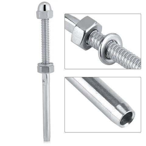 Stainless Steel Cable Tensioner Fitting With Threaded Stud for 1/8 Inch Railings, close-up and side view of threaded stud and fitting details
