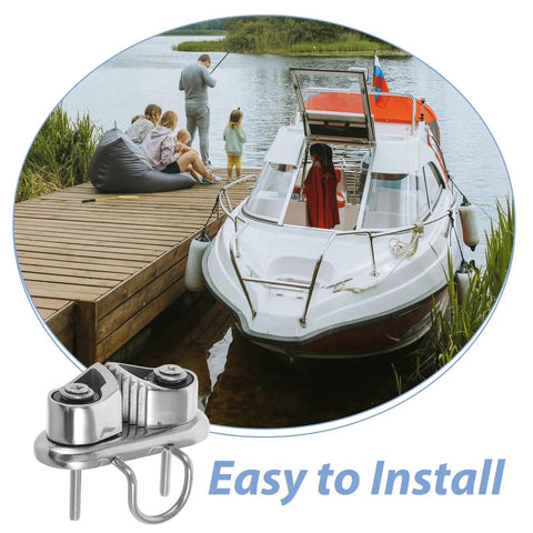 Stainless steel cam cleat rope lock with ball bearing for kayak or sailboat; marine-grade 316 mirror-polished.