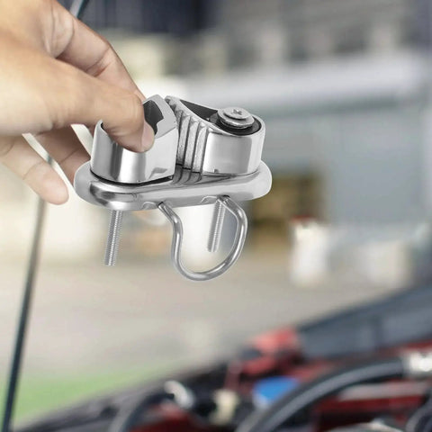 Close-up of Beavorty stainless steel cam cleat with swivel hinge and leading ring; 316 marine-grade deck hardware