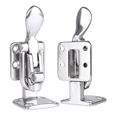 Front and side view of Two Pack 316 Stainless Steel Hold Down 90 Degree Locking Cam Latches Anti Rattle Hasps for boat use