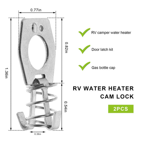 Secure, vibration-resistant cam lock keeps RV water heater doors firmly closed on the road, stainless steel dimensions
