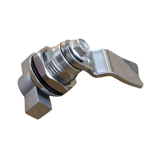 Close-up of sturdy stainless steel thumb operated offset cam lock delivers durable, keyless security for RV compartments, cabinets, doors.
