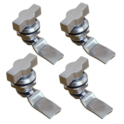 Sturdy stainless steel thumb operated offset cam lock delivers durable, keyless security for RV compartments, cabinets, doors and mailboxes; easy knob turn enables quick, tool free access in a two pack shown.