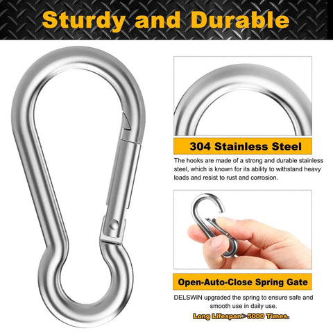 12 Pack Small Stainless Steel Carabiner Clips For Bird Feeders And Dog Leashes Harnesses Quick Link Keychains 40mm M4 Holds Up To 150 Lbs Durable 304 Stainless Steel displayed with hand for size reference
