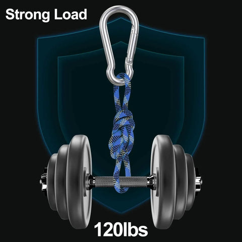 10 Pack Stainless Steel Carabiners Clips 1.57 Inch Small Spring Snap Hooks showing strong load support with 120 lb weight.