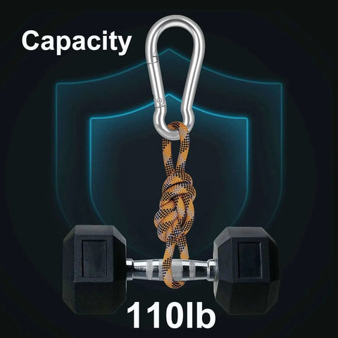 10 Pack Stainless Steel Carabiner Clips 304 Brushed Heavy Duty Spring Snap Hook M4 1.57 Inch One Hand Quick Lock showcasing 110lb capacity.