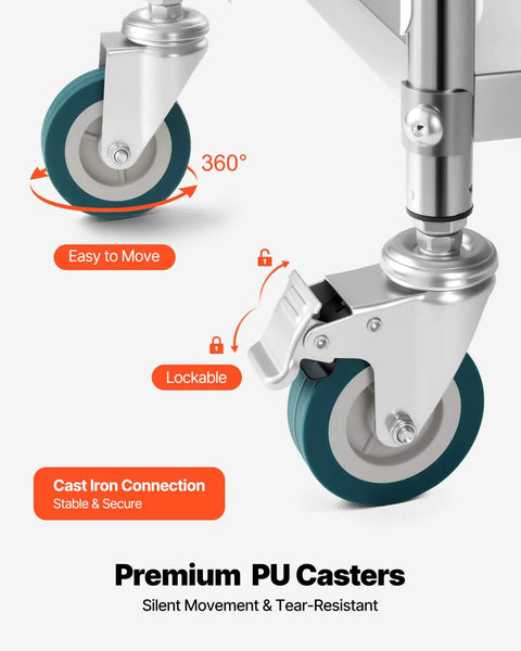 Close-up of lockable wheel on Sturdy Stainless Steel 3-Tier Rolling Cart With Lockable Wheels For Hospital Lab Clinic Kitchen Restaurant Salon Easy To Clean Medical Serving Trolley By VEVOR