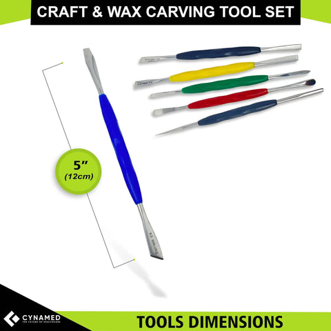 Five-inch stainless steel spatula set for wax and clay sculpting, showing colorful double-ended design with two tips, six pack.