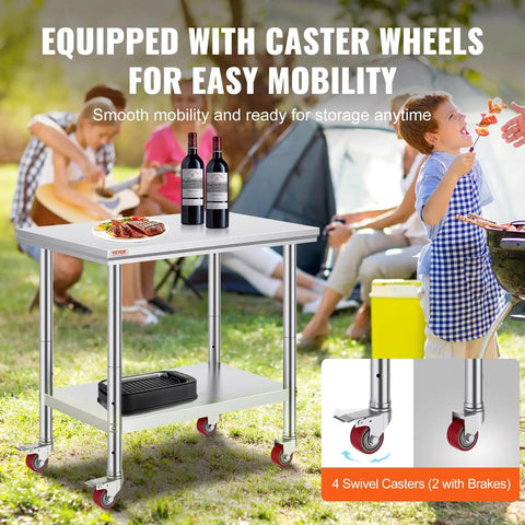 Heavy Duty Stainless Steel Work Table With Four Rolling Casters 36 By 24 Inches Commercial Kitchen Food Prep Station For Restaurant Use Easy To Clean Durable Silver in outdoor setting