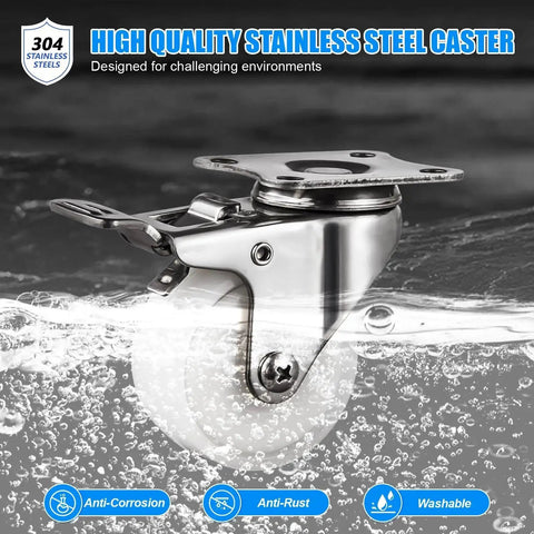 Stainless Steel Caster Wheels 2 Inch Set of 4 with 360 Degree Swivel Silent Non Marking Thermoplastic Rubber Wheels