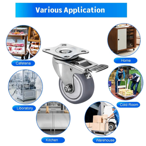 Stainless Steel Caster Wheels 2 Inch Set of 4 with 360 Degree Swivel Silent Non Marking Thermoplastic Rubber Wheels for Furniture Labs Hospitals Restaurants Anti Rust 304 Stainless Construction Easy Glide Mobility Durable and Quiet various applications